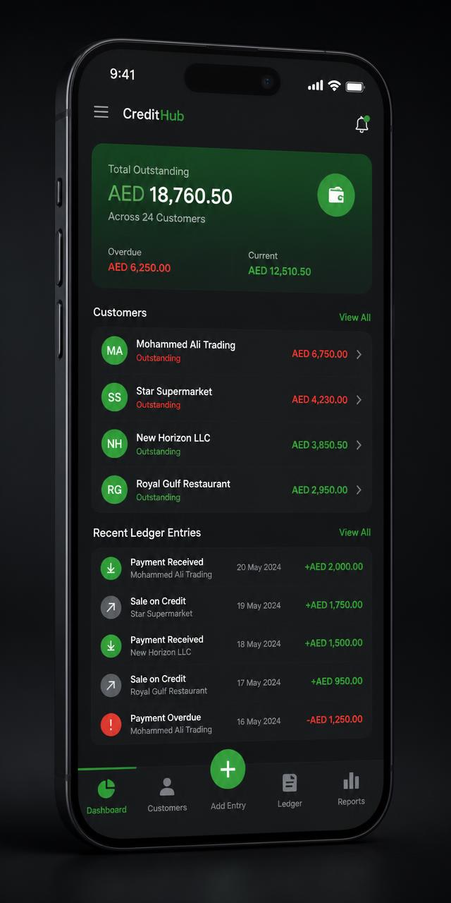 Shopcred Android app showing customer credit balances and ledger entries