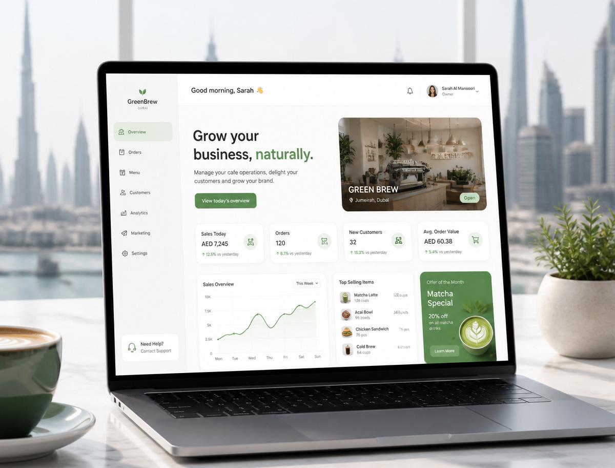 Modern business website dashboard built by Shopcred, shown on a laptop